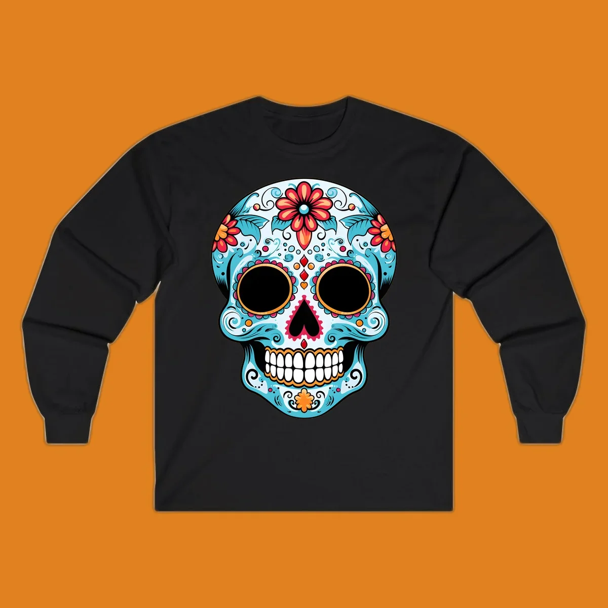 A vibrant floral sugar skull with light blue skin, red and orange flowers, green leaves, and intricate scrollwork, outlined in black.