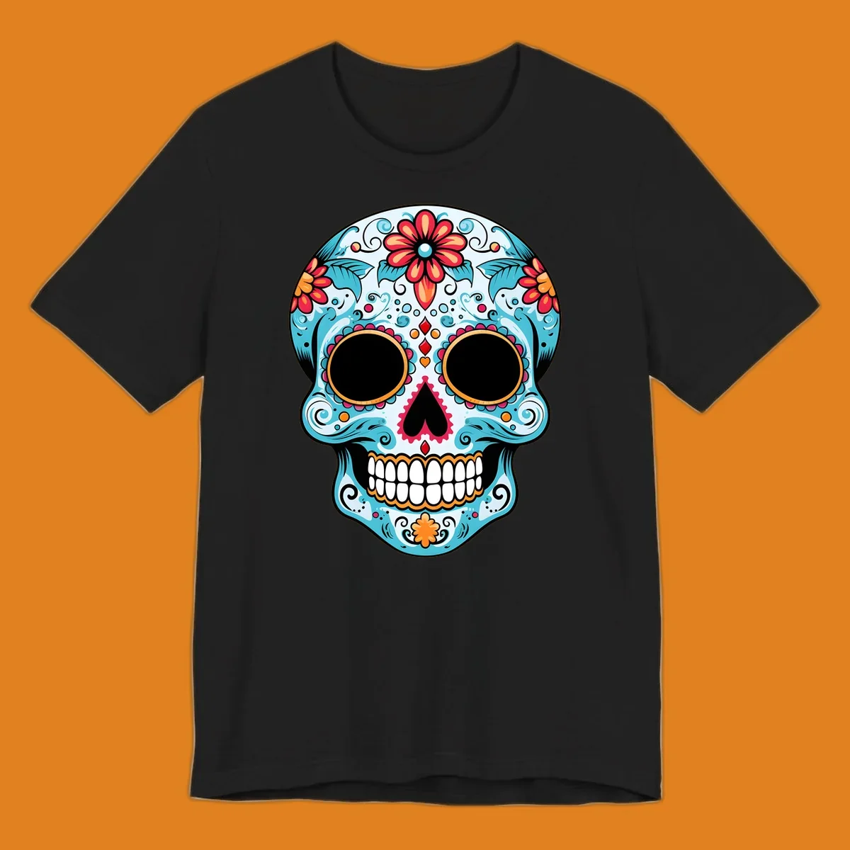 A vibrant floral sugar skull with light blue skin, red and orange flowers, green leaves, and intricate scrollwork, outlined in black.