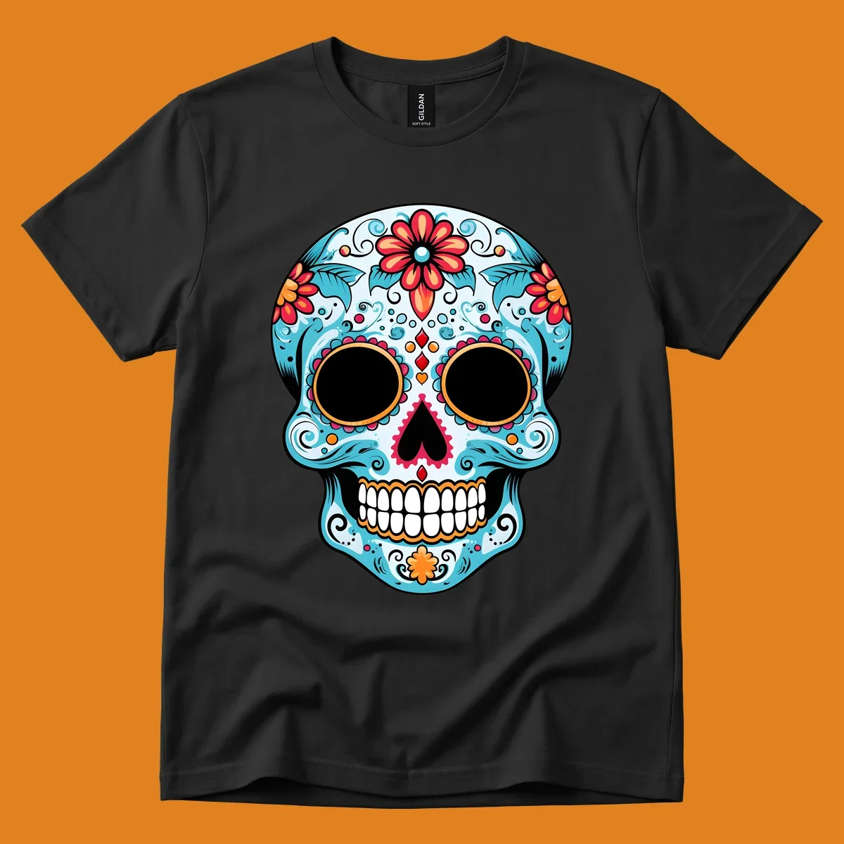 A vibrant floral sugar skull with light blue skin, red and orange flowers, green leaves, and intricate scrollwork, outlined in black.