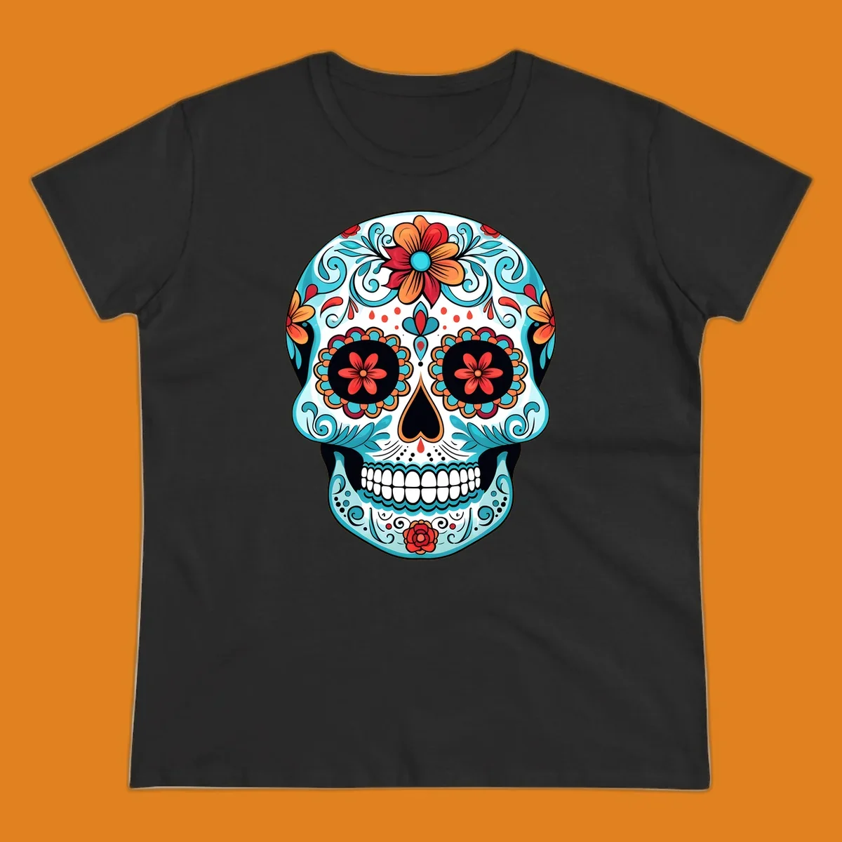 A vibrantly colored floral calavera sugar skull design with blue swirls, orange and red flowers, and black features.