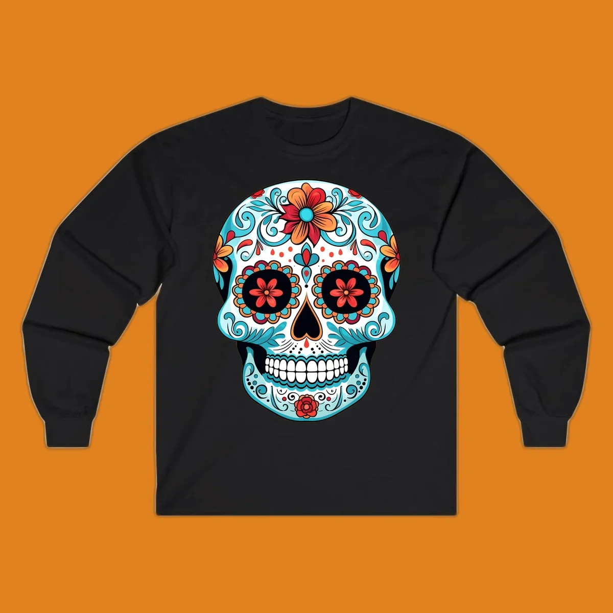 A vibrantly colored floral calavera sugar skull design with blue swirls, orange and red flowers, and black features.