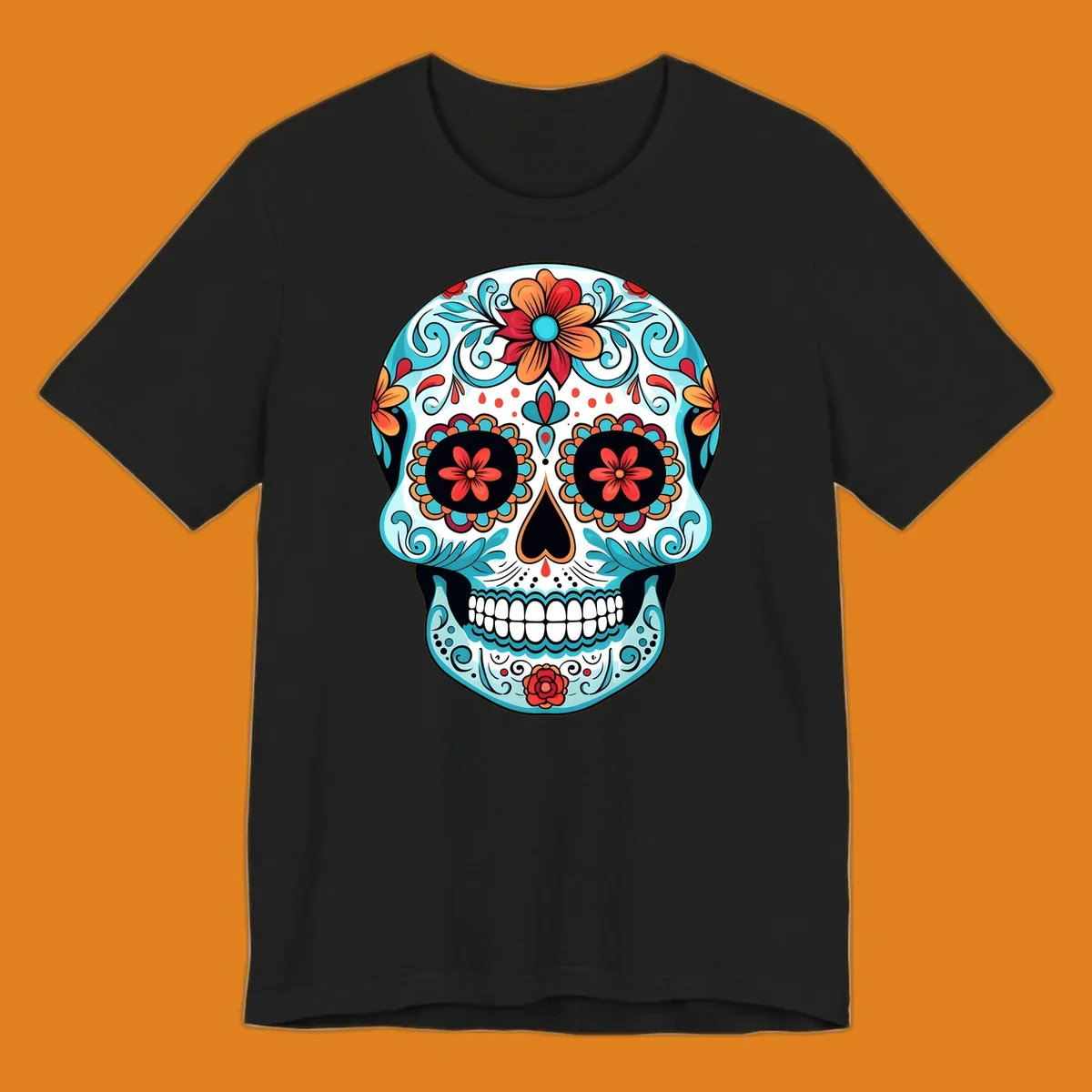 A vibrantly colored floral calavera sugar skull design with blue swirls, orange and red flowers, and black features.