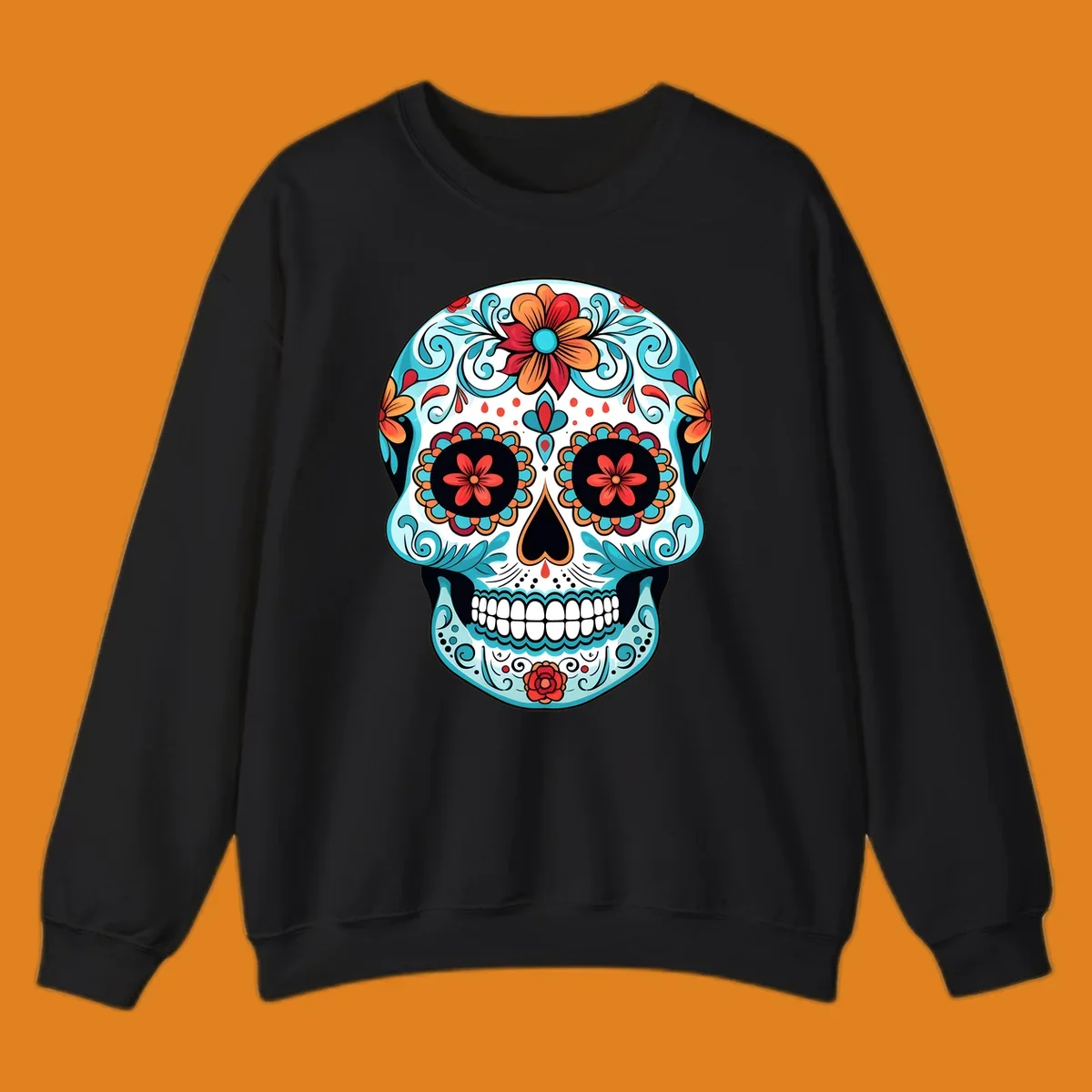 A vibrantly colored floral calavera sugar skull design with blue swirls, orange and red flowers, and black features.