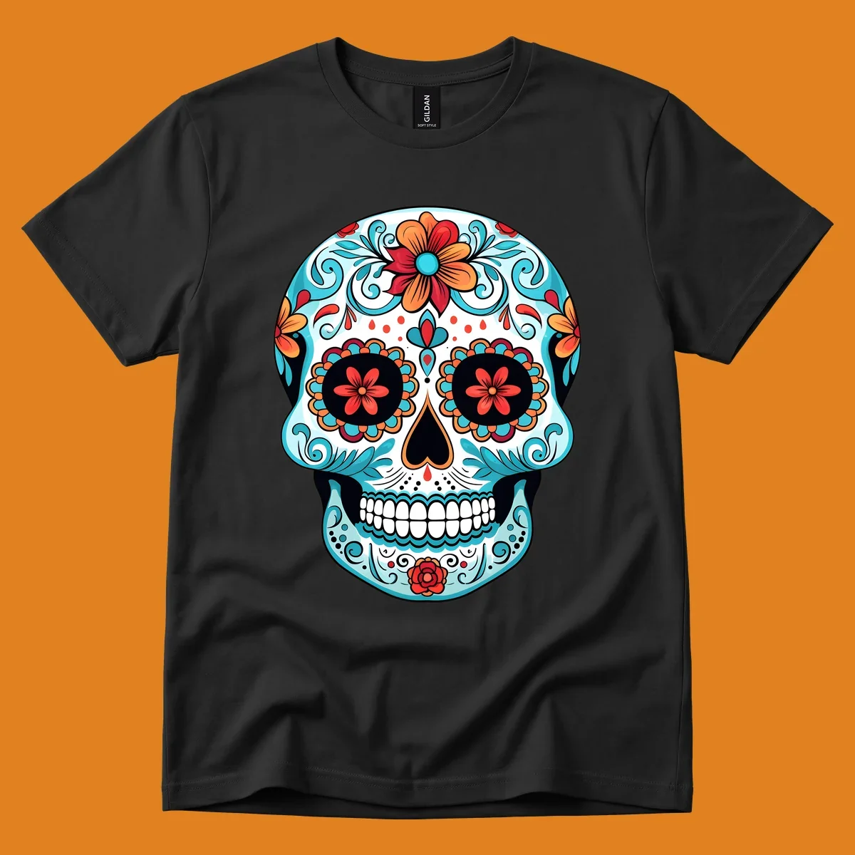 A vibrantly colored floral calavera sugar skull design with blue swirls, orange and red flowers, and black features.