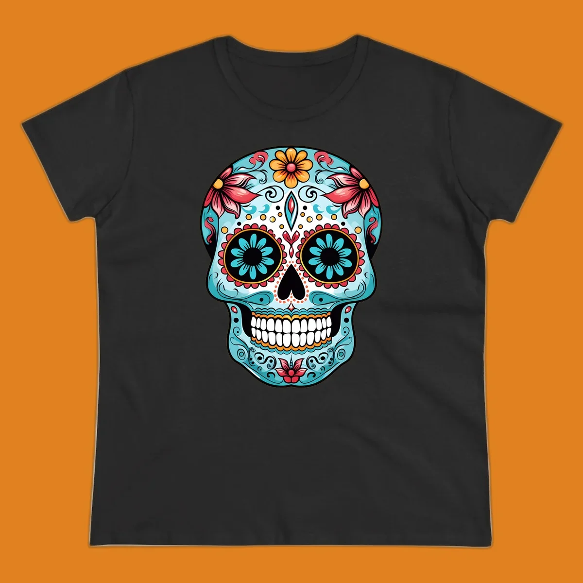 A vibrantly colored floral calavera sugar skull illustration with teal eye flowers and pink accents.