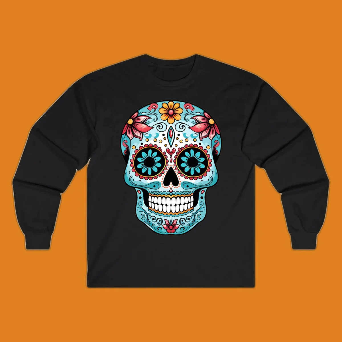 A vibrantly colored floral calavera sugar skull illustration with teal eye flowers and pink accents.