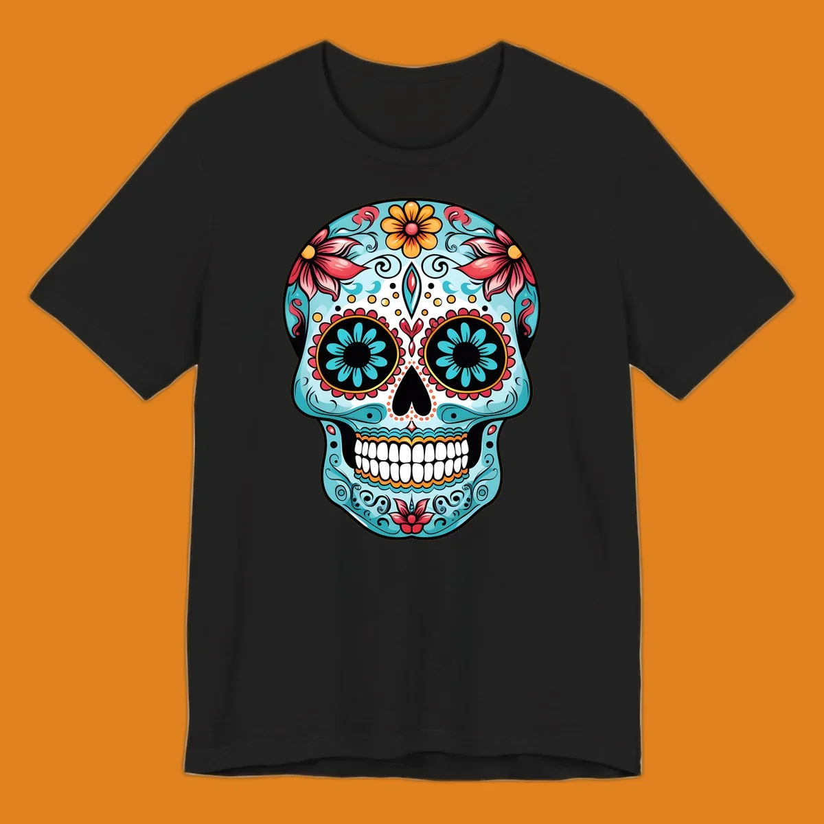 A vibrantly colored floral calavera sugar skull illustration with teal eye flowers and pink accents.