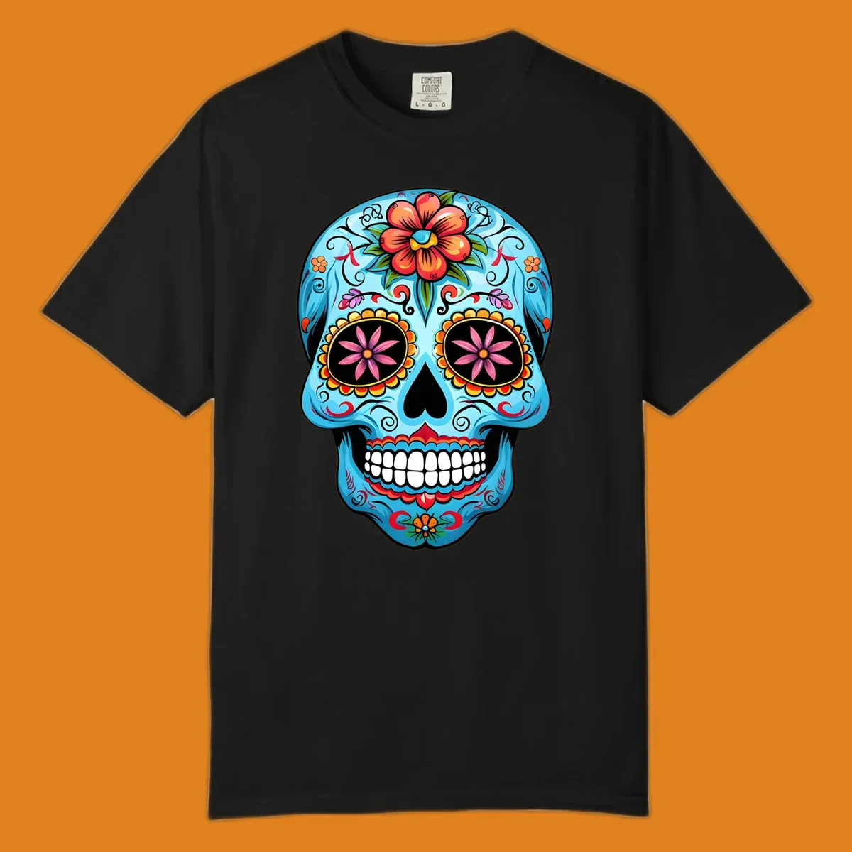 A vibrant light blue sugar skull, or calavera, decorated with orange, red, pink, and yellow flowers and intricate scrollwork.