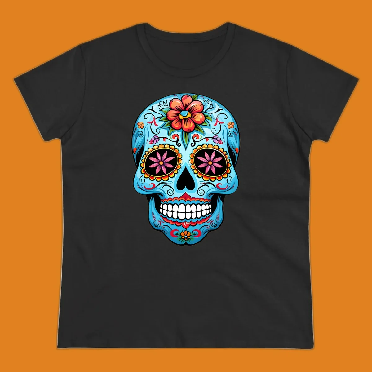 A vibrant light blue sugar skull, or calavera, decorated with orange, red, pink, and yellow flowers and intricate scrollwork.