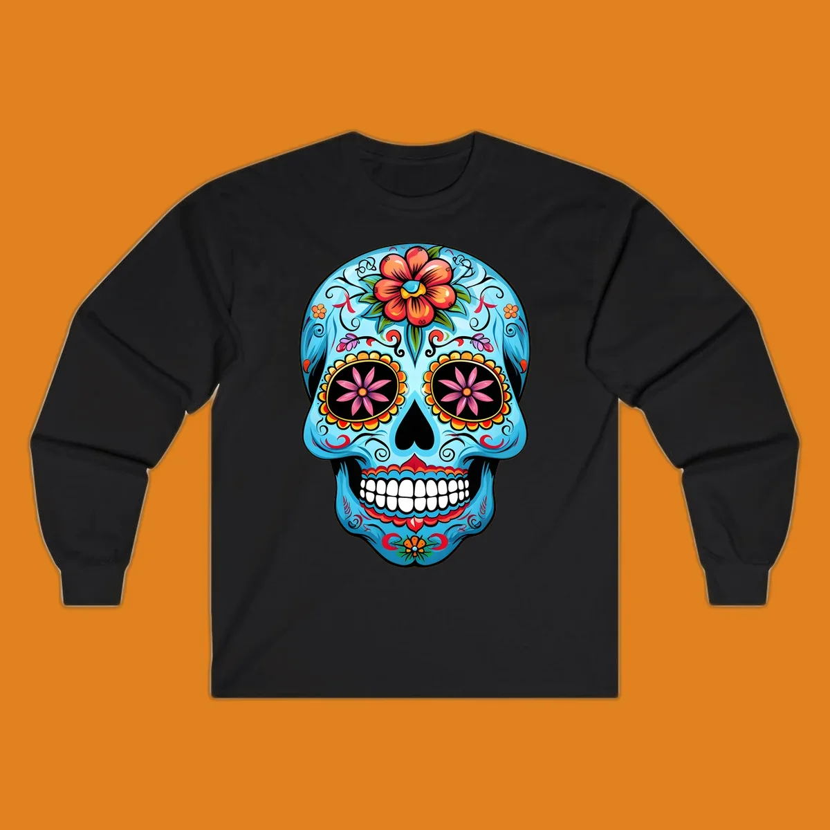 A vibrant light blue sugar skull, or calavera, decorated with orange, red, pink, and yellow flowers and intricate scrollwork.