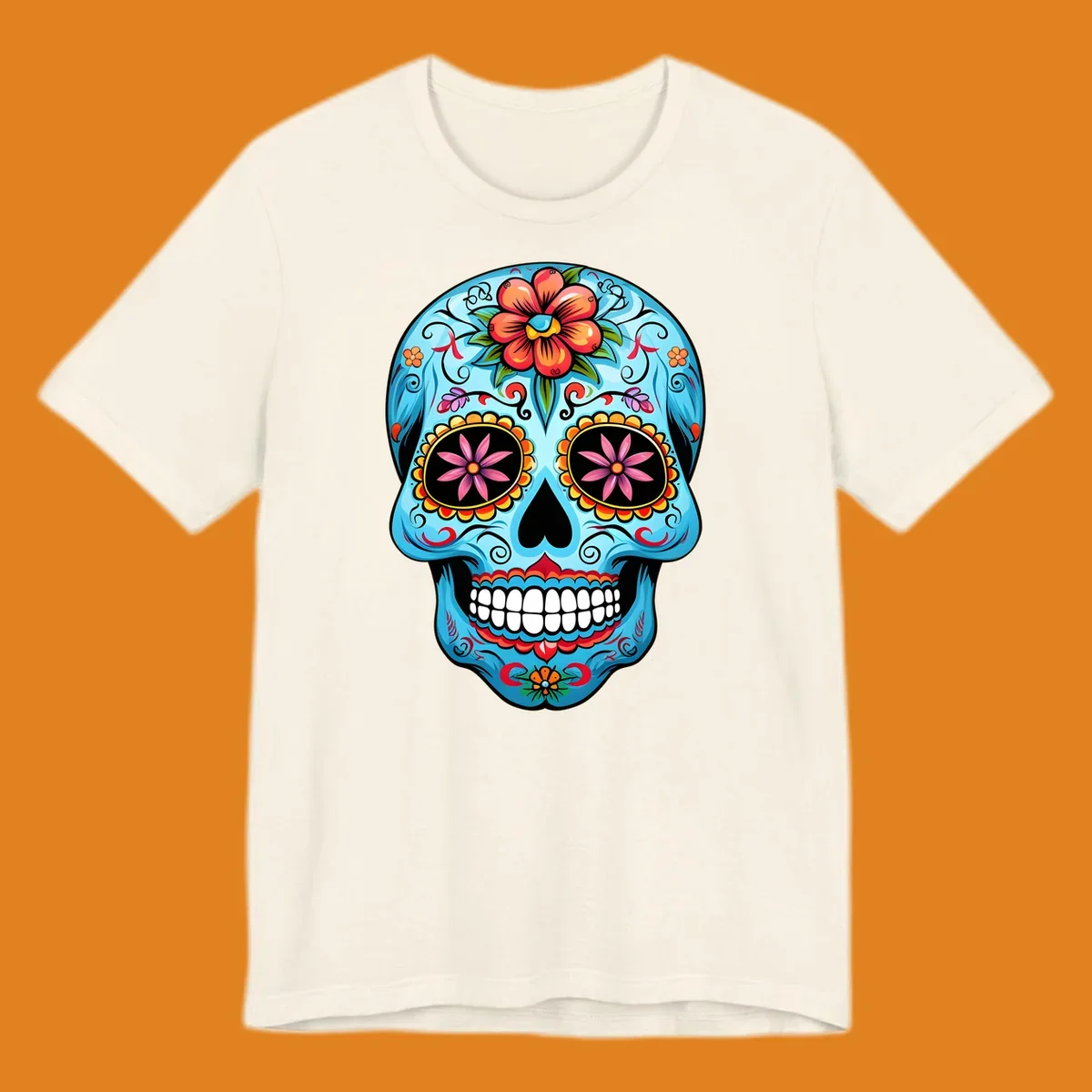 A vibrant light blue sugar skull, or calavera, decorated with orange, red, pink, and yellow flowers and intricate scrollwork.