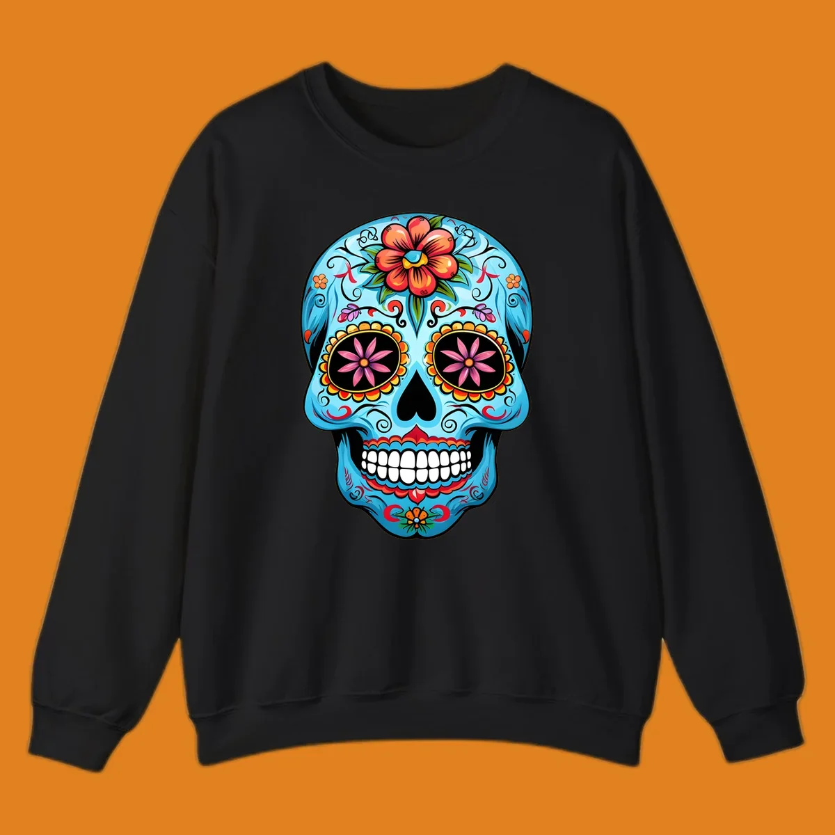 A vibrant light blue sugar skull, or calavera, decorated with orange, red, pink, and yellow flowers and intricate scrollwork.