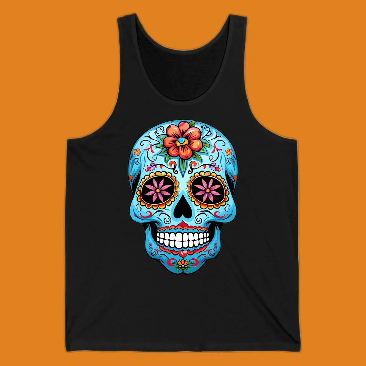 A vibrant light blue sugar skull, or calavera, decorated with orange, red, pink, and yellow flowers and intricate scrollwork.