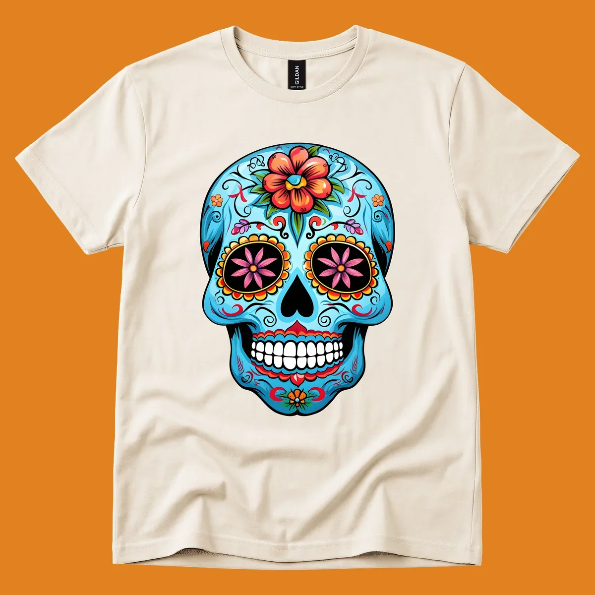A vibrant light blue sugar skull, or calavera, decorated with orange, red, pink, and yellow flowers and intricate scrollwork.