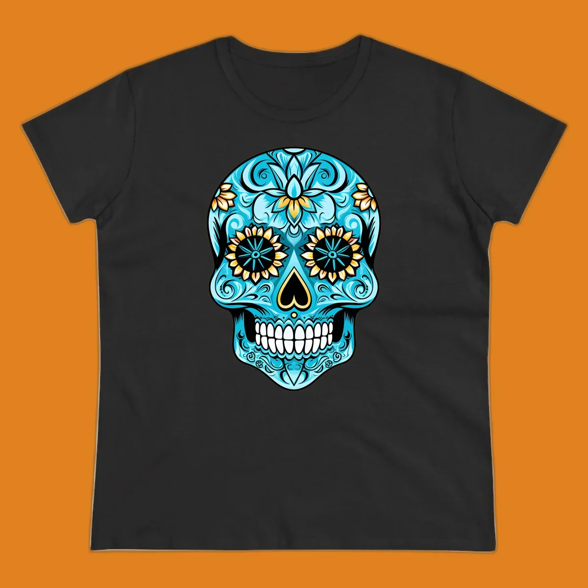 A vibrant turquoise sugar skull illustration with golden sunflower eyes, a black heart nose, and intricate floral patterns.