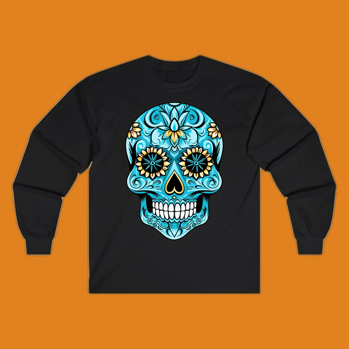 A vibrant turquoise sugar skull illustration with golden sunflower eyes, a black heart nose, and intricate floral patterns.