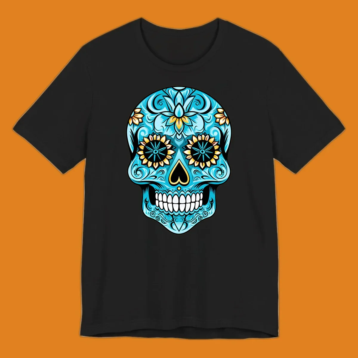 A vibrant turquoise sugar skull illustration with golden sunflower eyes, a black heart nose, and intricate floral patterns.