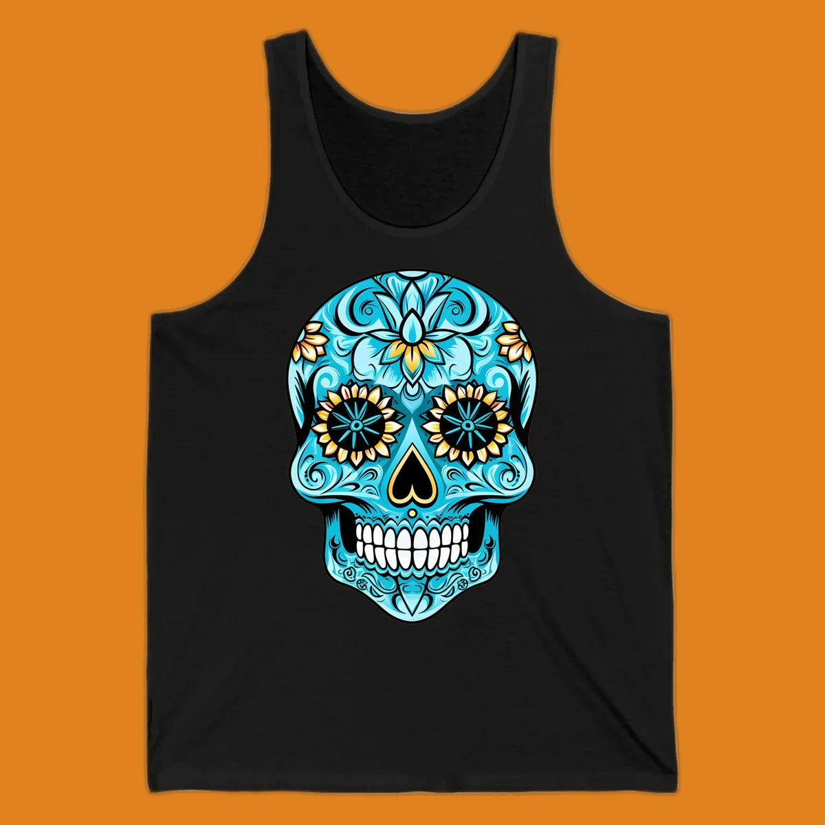 A vibrant turquoise sugar skull illustration with golden sunflower eyes, a black heart nose, and intricate floral patterns.