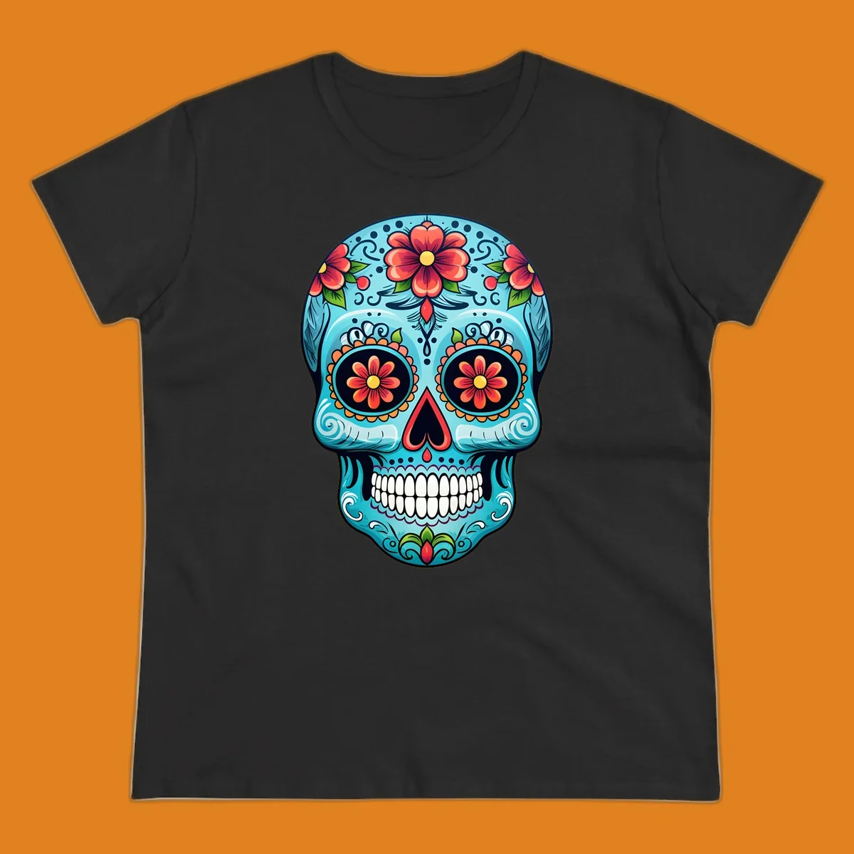 A vibrant sugar-skull-calavera illustration with intricate blue, red, orange, yellow, and green floral patterns.