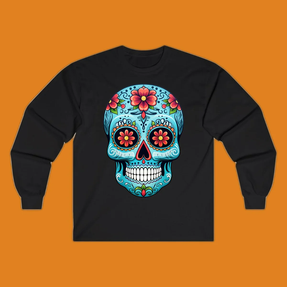 A vibrant sugar-skull-calavera illustration with intricate blue, red, orange, yellow, and green floral patterns.