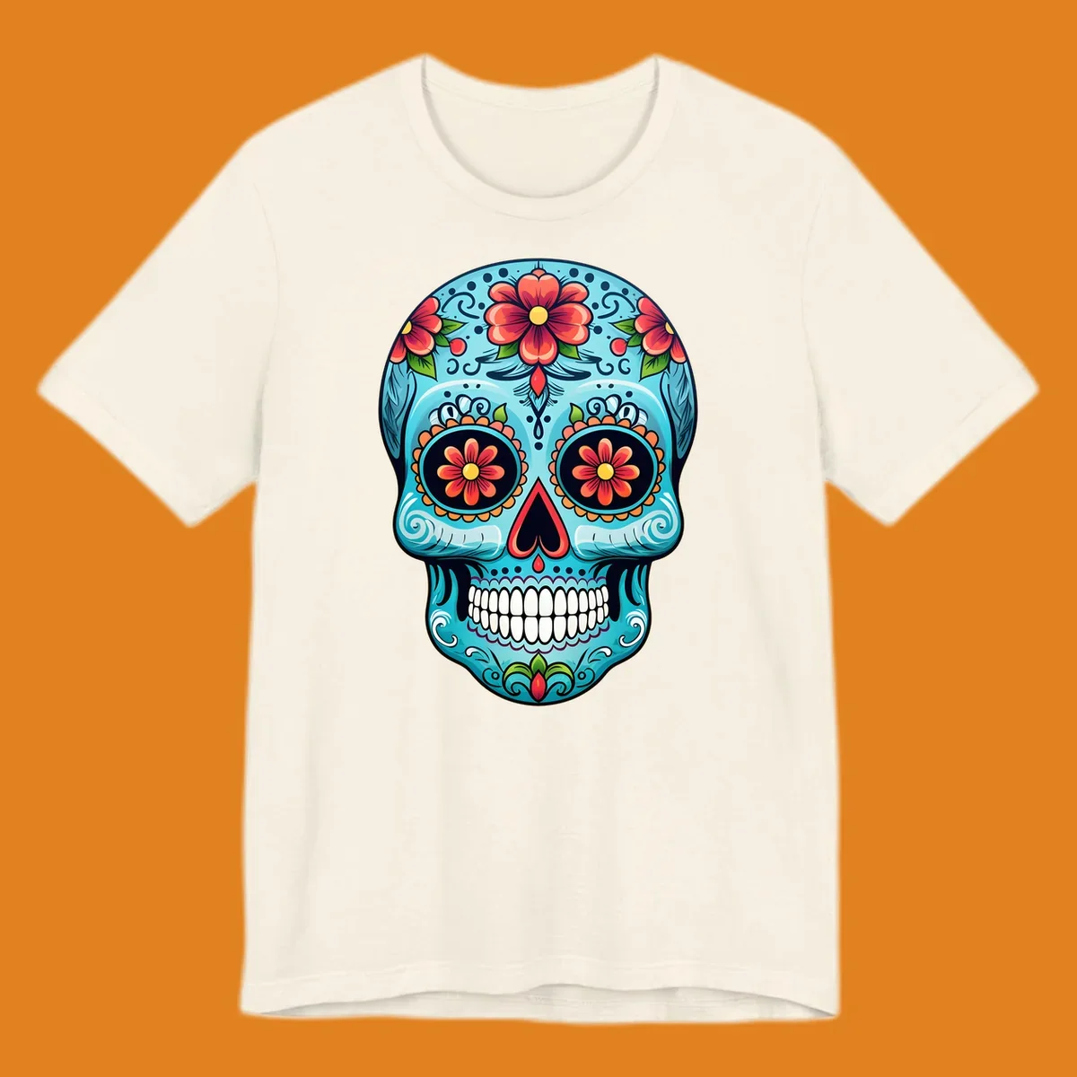 A vibrant sugar-skull-calavera illustration with intricate blue, red, orange, yellow, and green floral patterns.