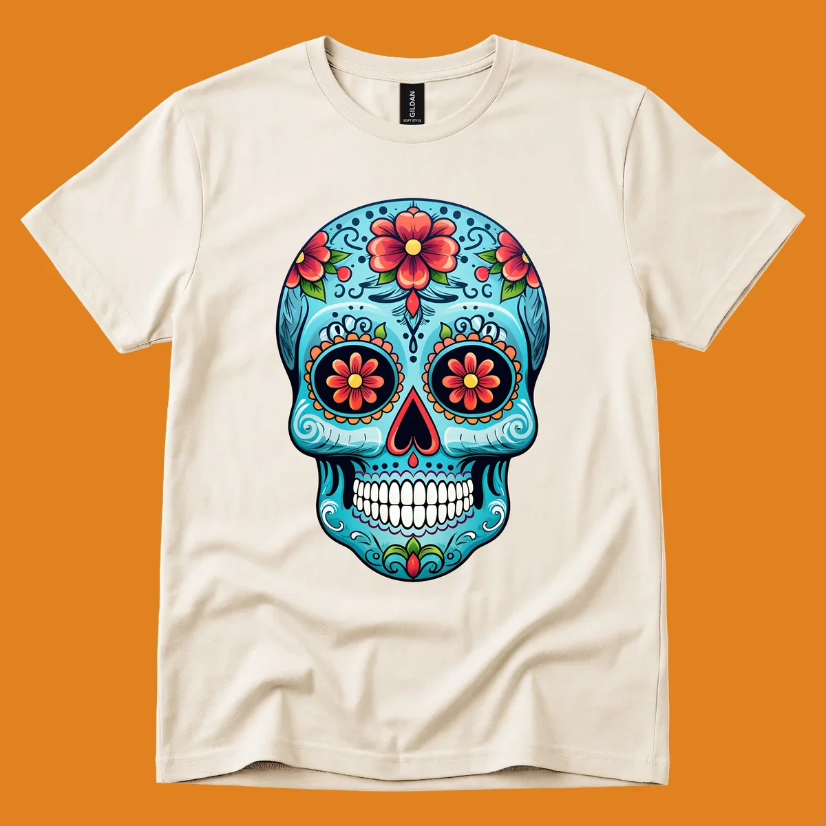 A vibrant sugar-skull-calavera illustration with intricate blue, red, orange, yellow, and green floral patterns.