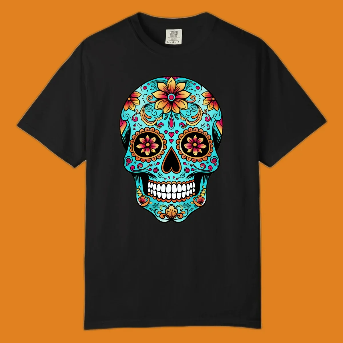 A vibrant, ornate floral calavera sugar skull illustration in teal, orange, gold, and pink on a black background.