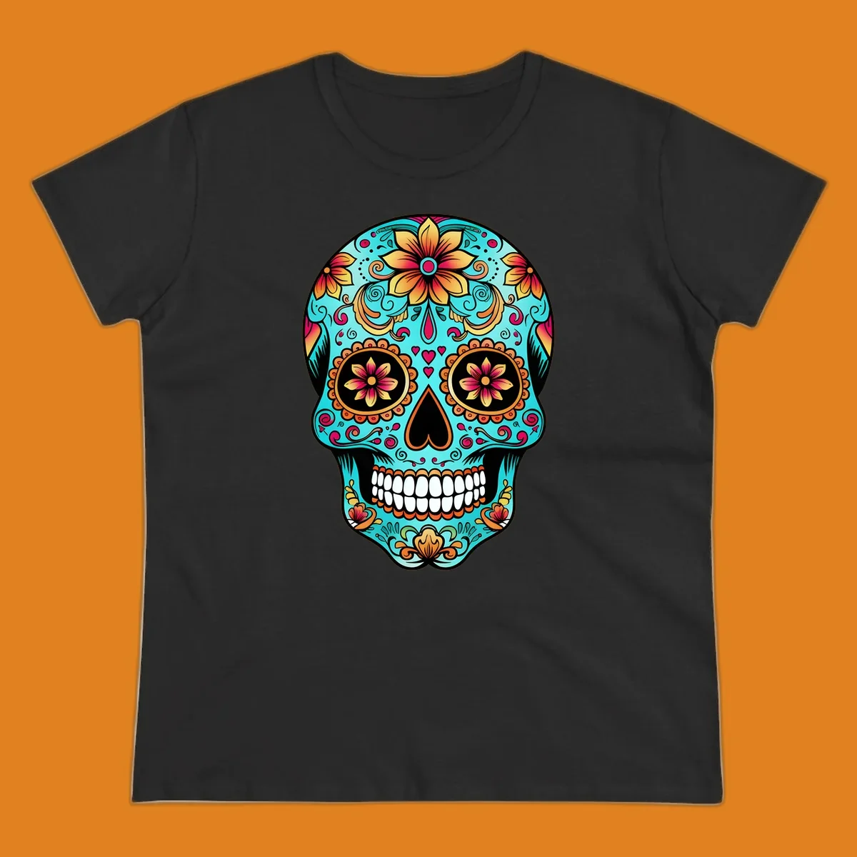 A vibrant, ornate floral calavera sugar skull illustration in teal, orange, gold, and pink on a black background.