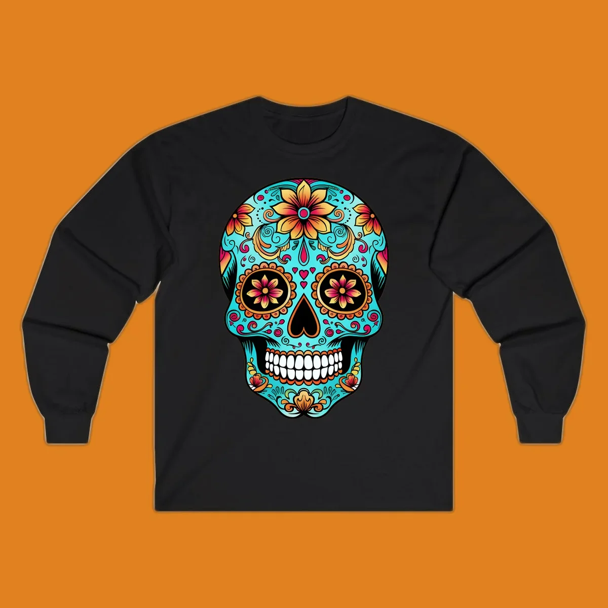 A vibrant, ornate floral calavera sugar skull illustration in teal, orange, gold, and pink on a black background.