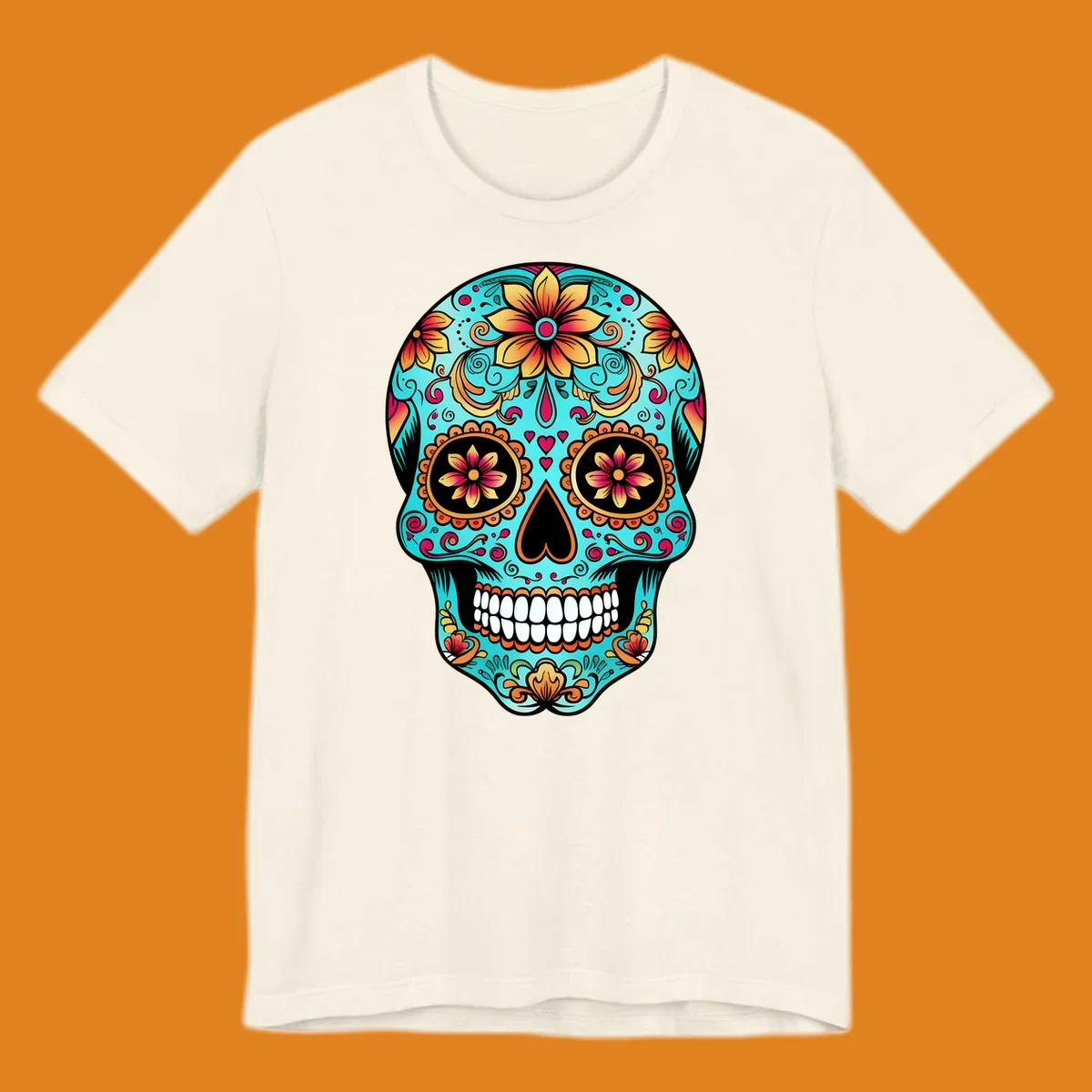 A vibrant, ornate floral calavera sugar skull illustration in teal, orange, gold, and pink on a black background.