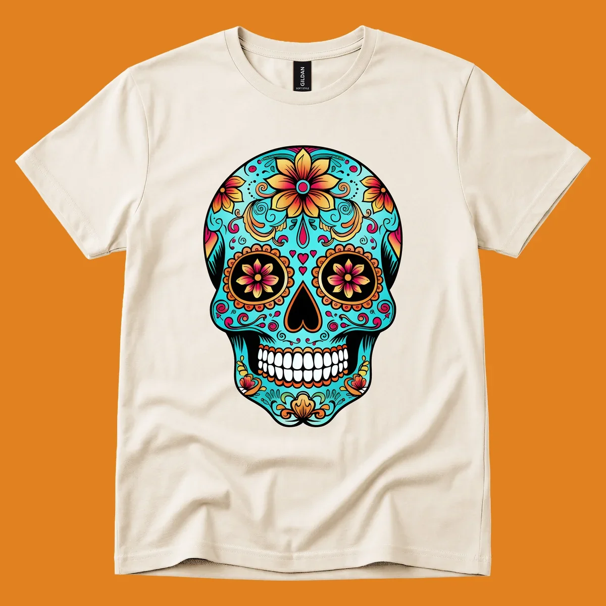 A vibrant, ornate floral calavera sugar skull illustration in teal, orange, gold, and pink on a black background.