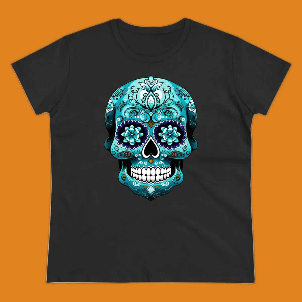 An ornate teal calavera skull design with intricate blue and white floral patterns and gold accents, featuring flower eyes.