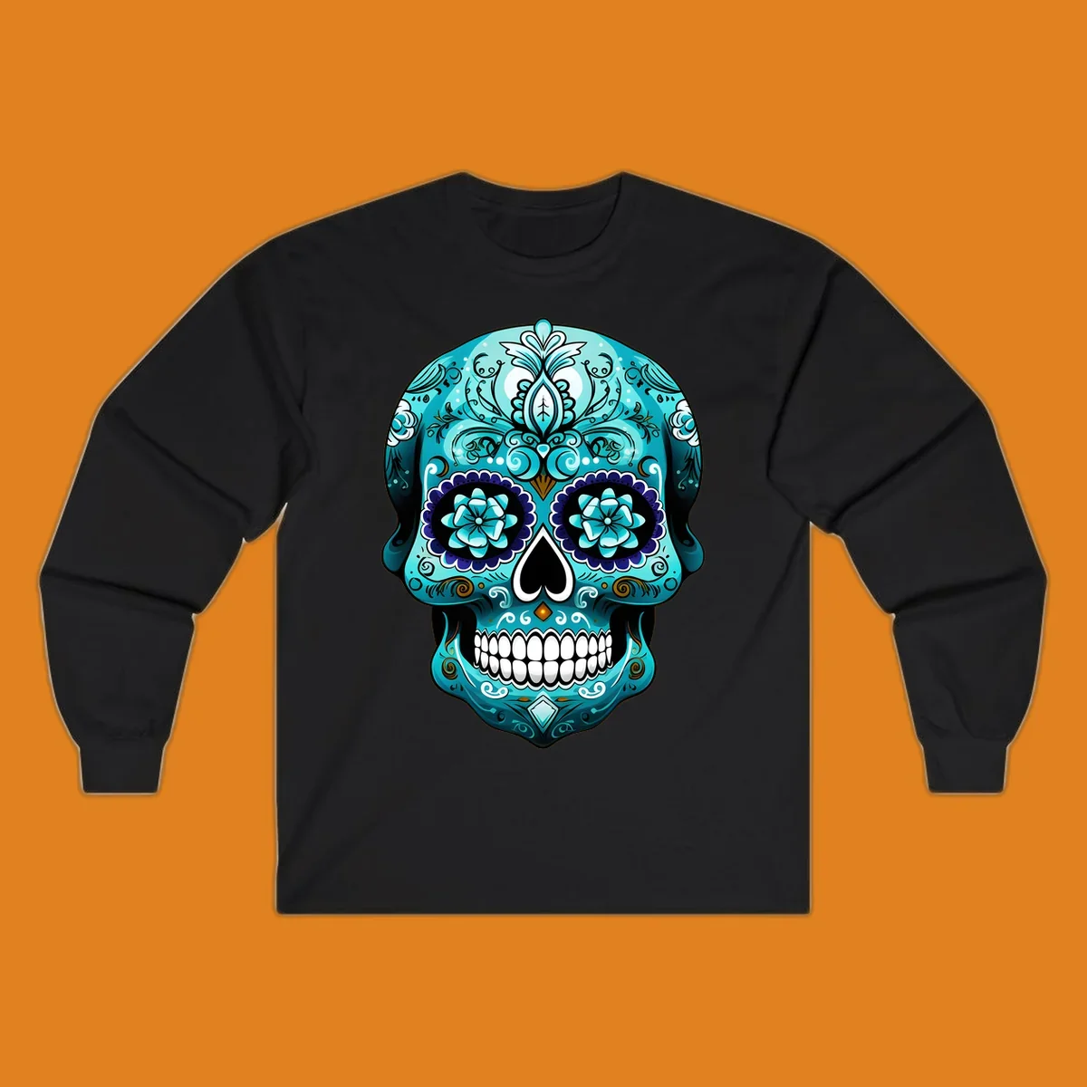 An ornate teal calavera skull design with intricate blue and white floral patterns and gold accents, featuring flower eyes.