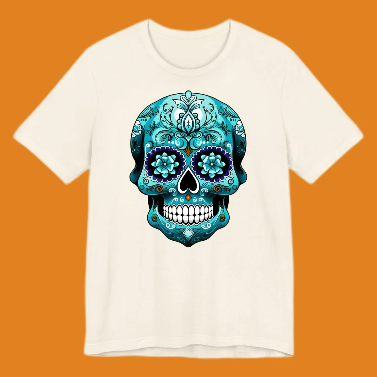 An ornate teal calavera skull design with intricate blue and white floral patterns and gold accents, featuring flower eyes.