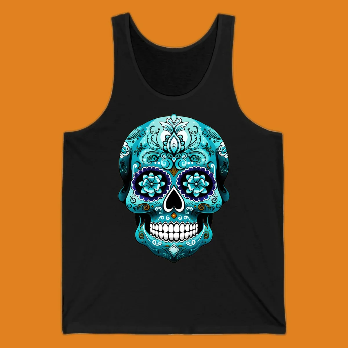 An ornate teal calavera skull design with intricate blue and white floral patterns and gold accents, featuring flower eyes.