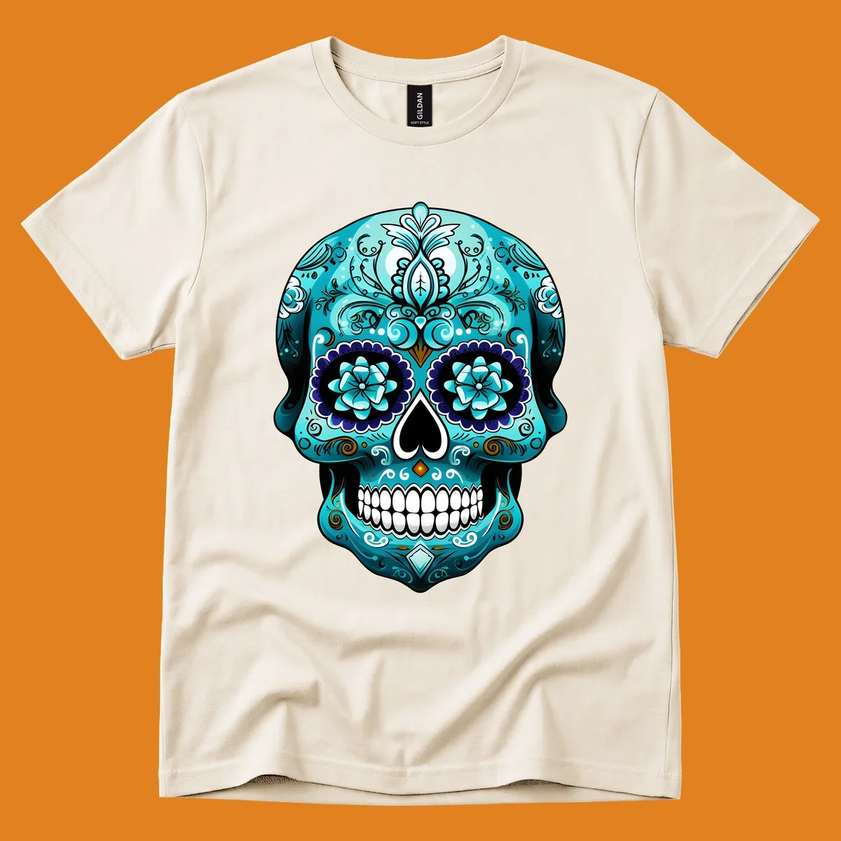 An ornate teal calavera skull design with intricate blue and white floral patterns and gold accents, featuring flower eyes.