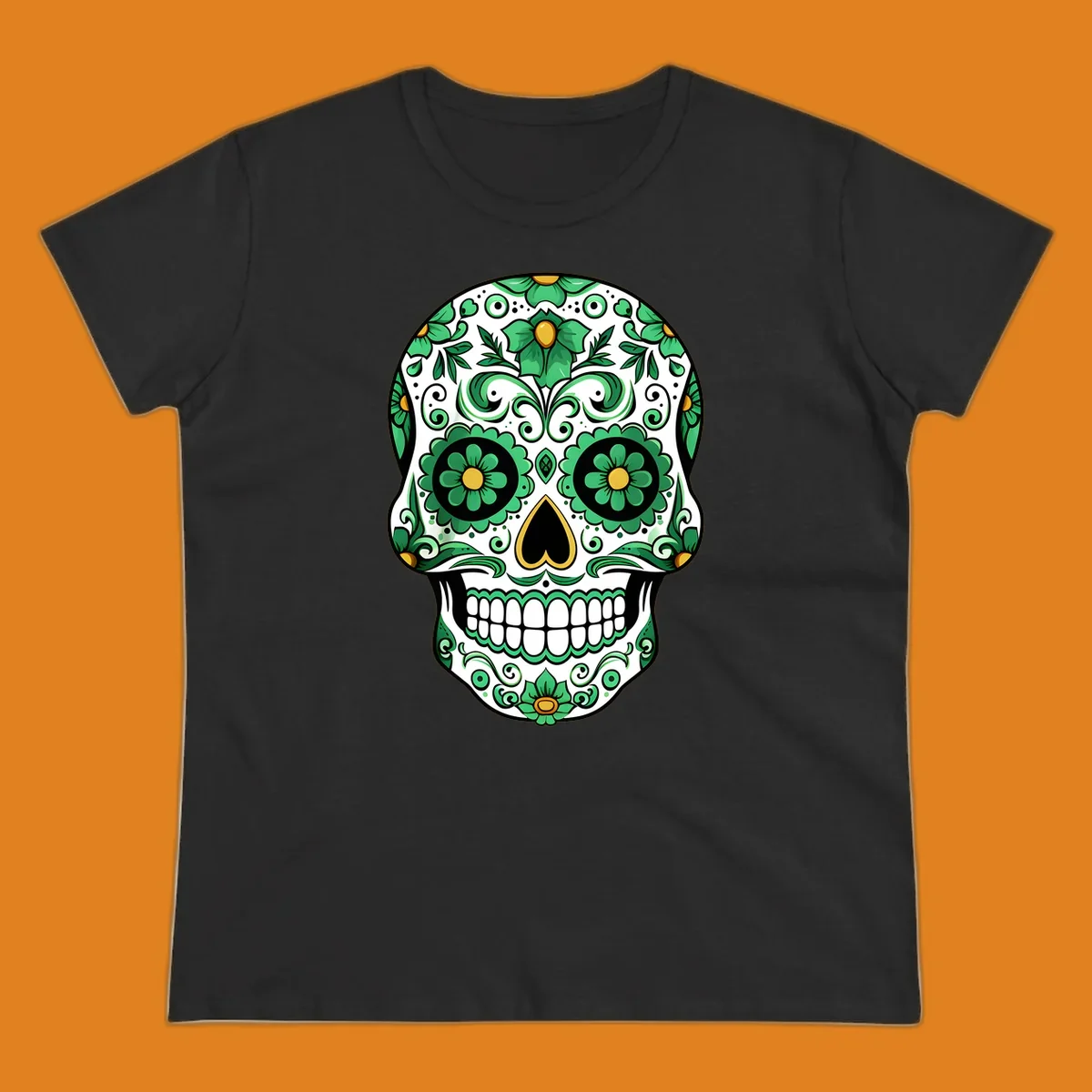 An ornate emerald calavera skull with intricate green floral patterns and gold accents on a white background.