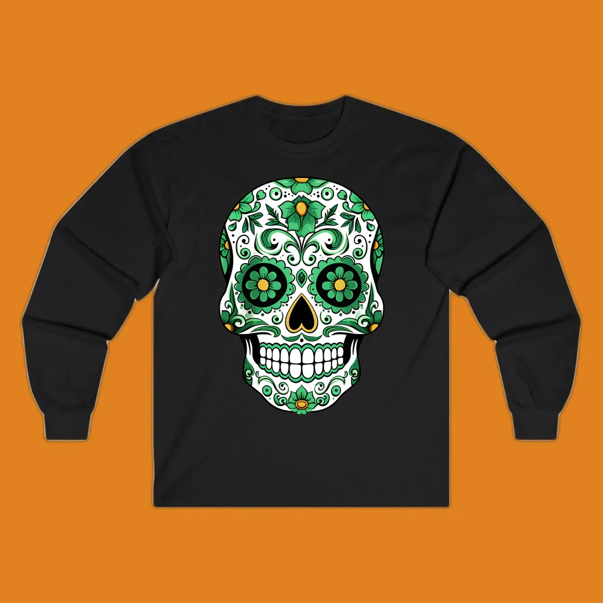 An ornate emerald calavera skull with intricate green floral patterns and gold accents on a white background.