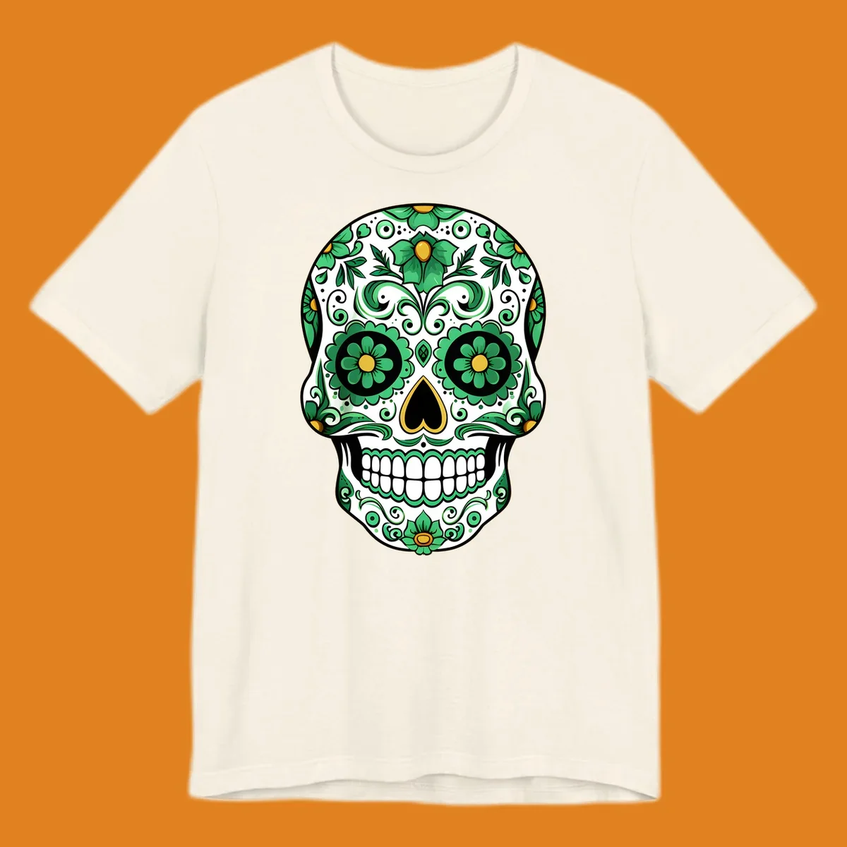An ornate emerald calavera skull with intricate green floral patterns and gold accents on a white background.