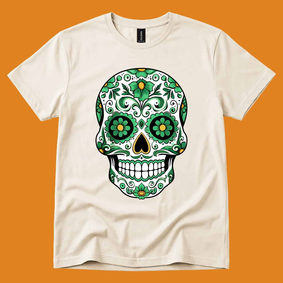 An ornate emerald calavera skull with intricate green floral patterns and gold accents on a white background.