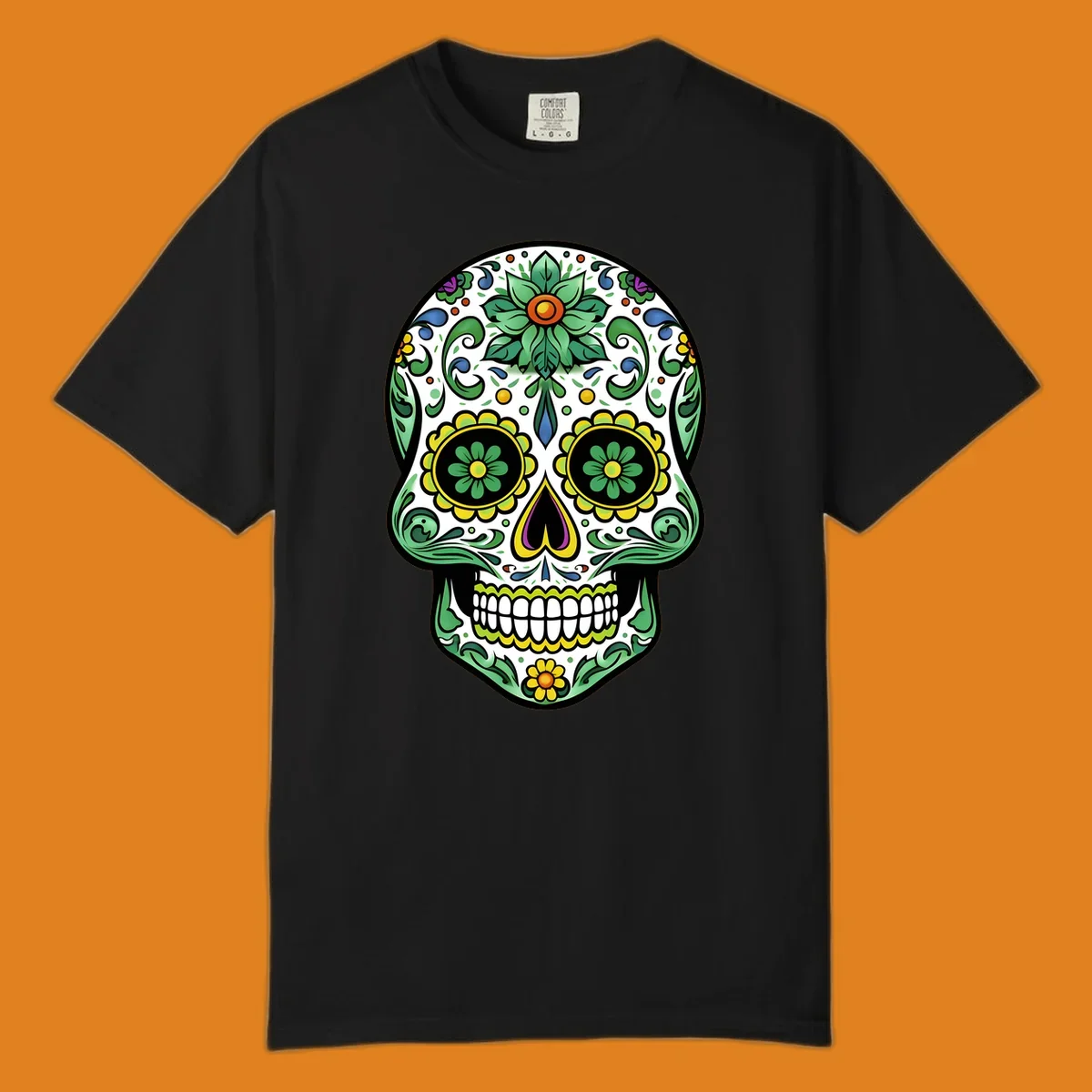 A colorful ornate calavera skull illustration with green leaves, yellow flowers, and purple and blue accents.