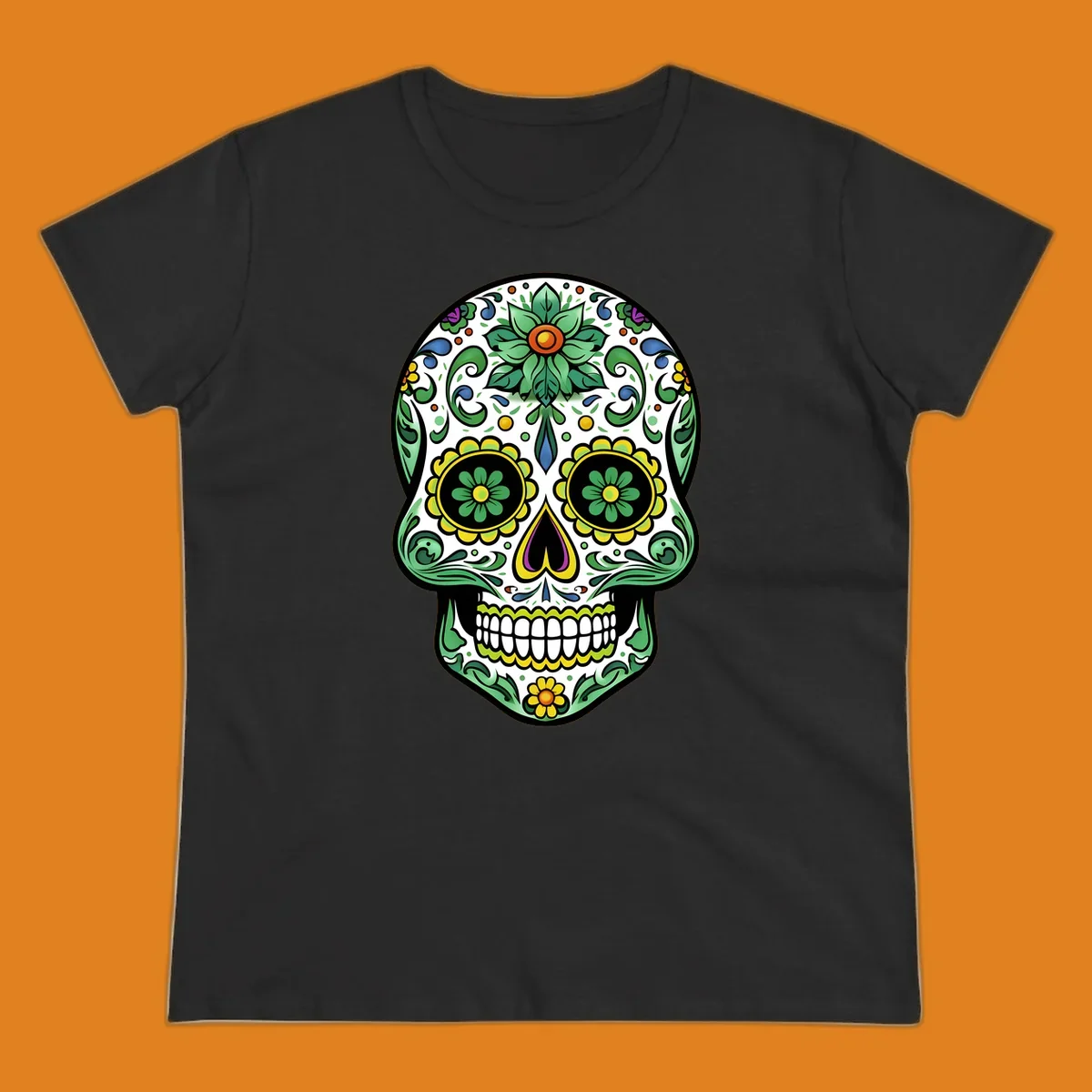 A colorful ornate calavera skull illustration with green leaves, yellow flowers, and purple and blue accents.