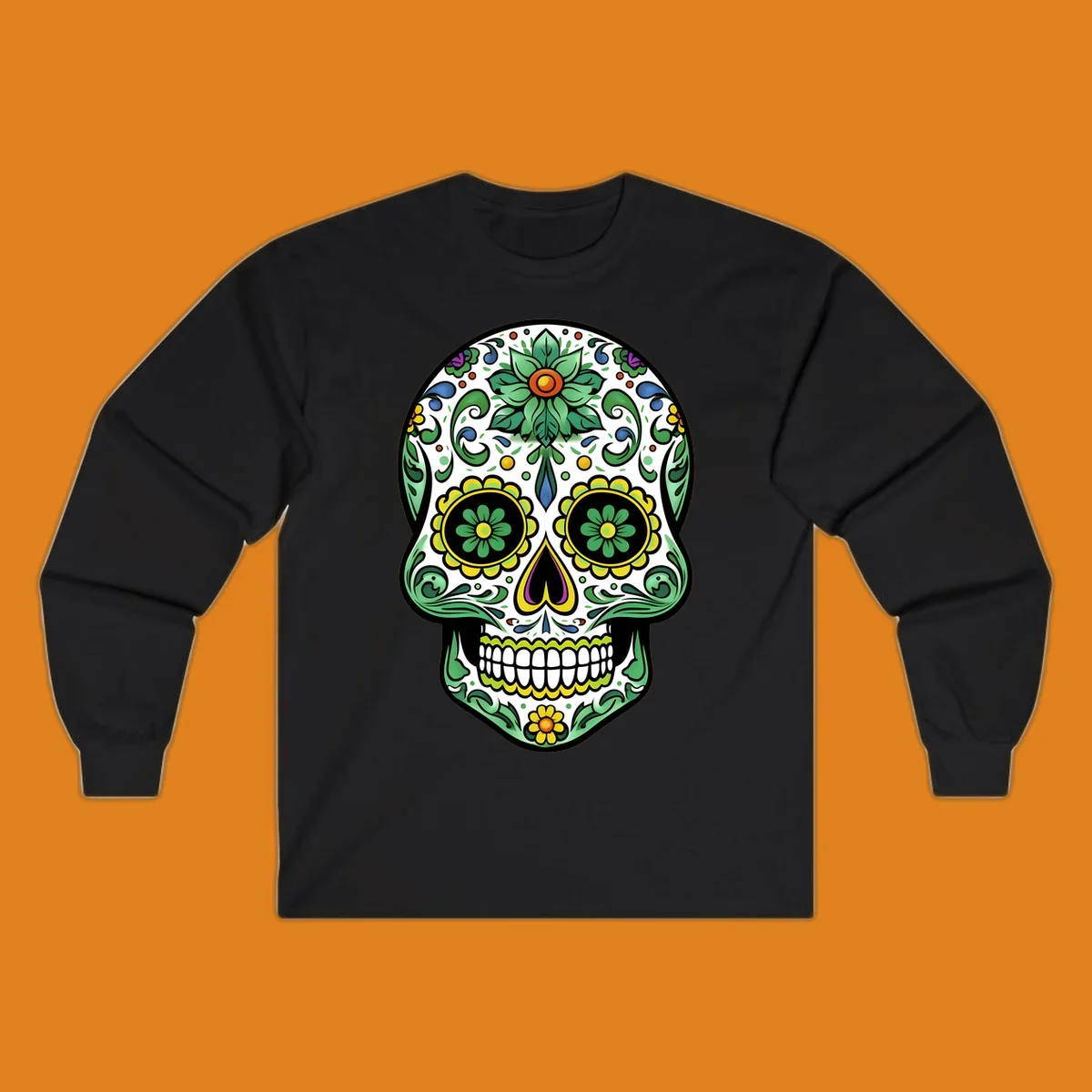 A colorful ornate calavera skull illustration with green leaves, yellow flowers, and purple and blue accents.