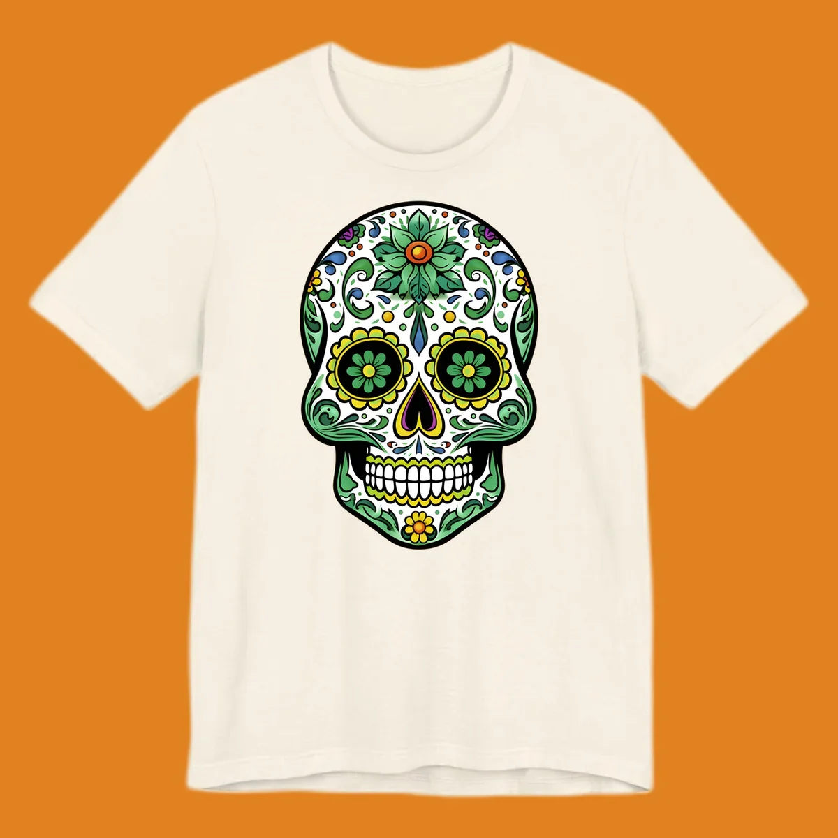 A colorful ornate calavera skull illustration with green leaves, yellow flowers, and purple and blue accents.