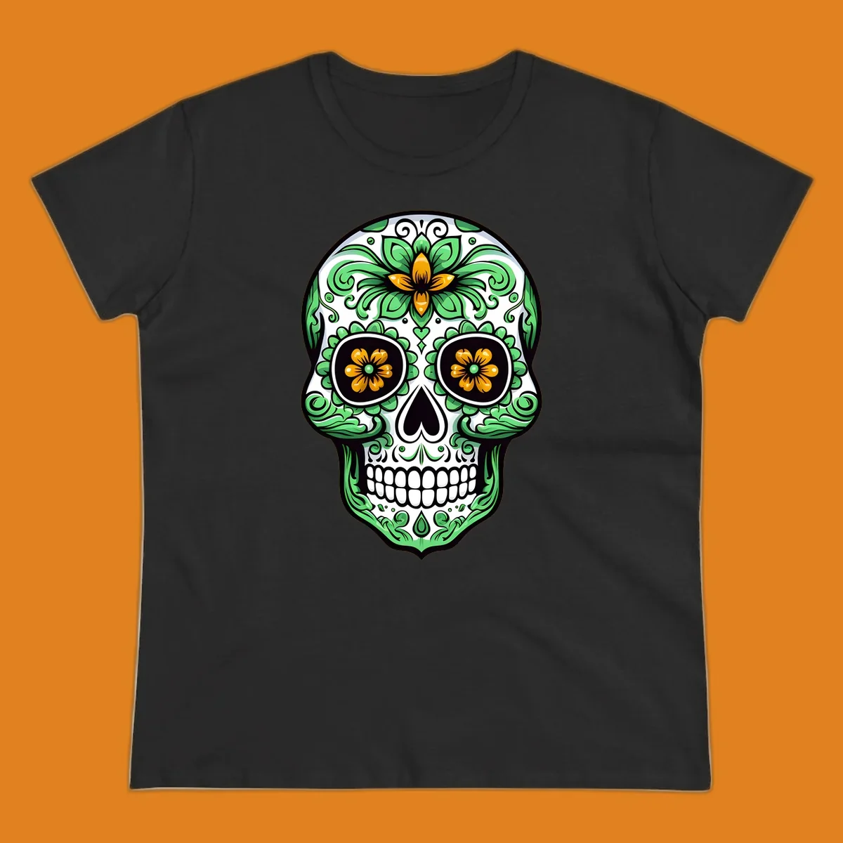 An ornate floral calavera skull illustration with green leaves and yellow flowers against a white background.