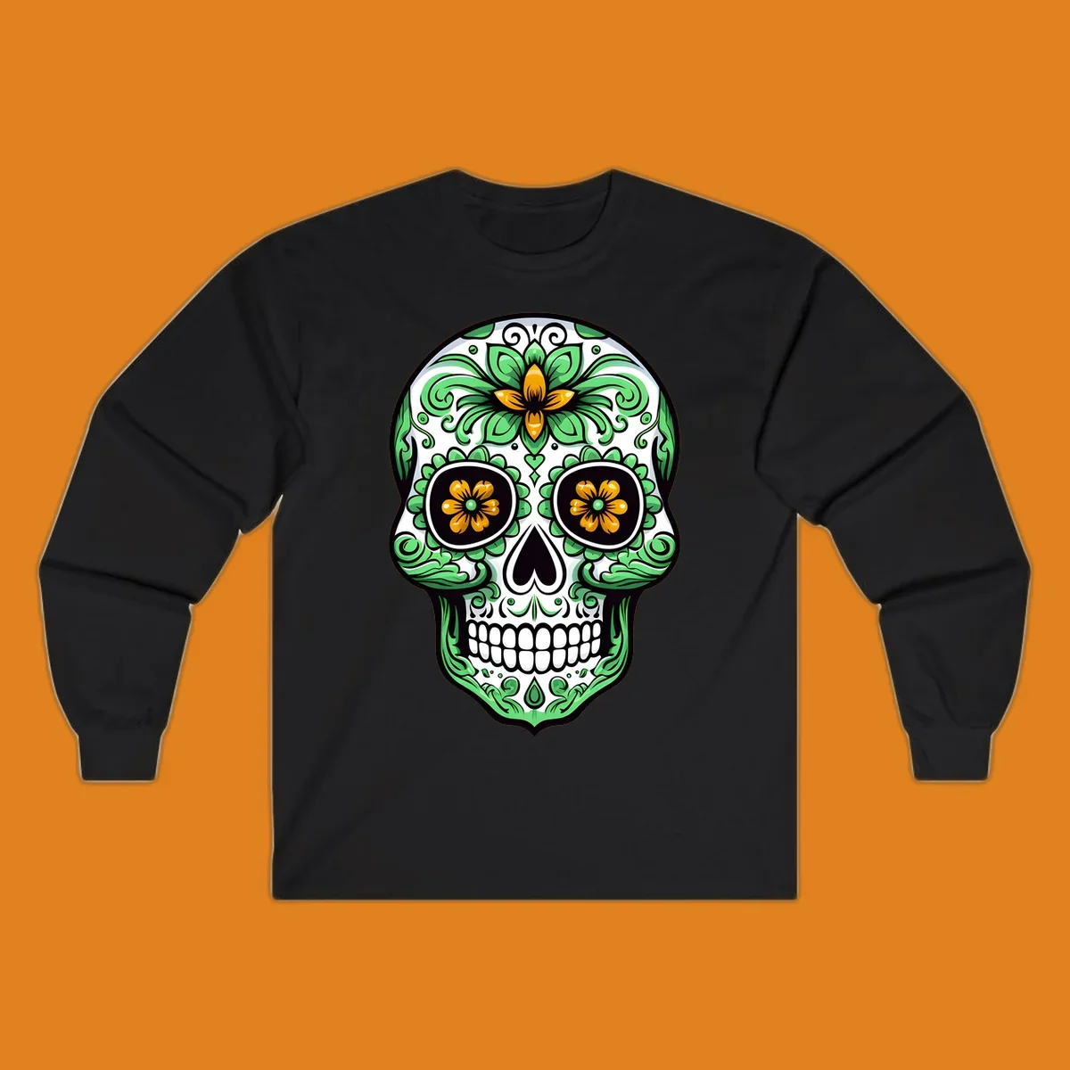 An ornate floral calavera skull illustration with green leaves and yellow flowers against a white background.