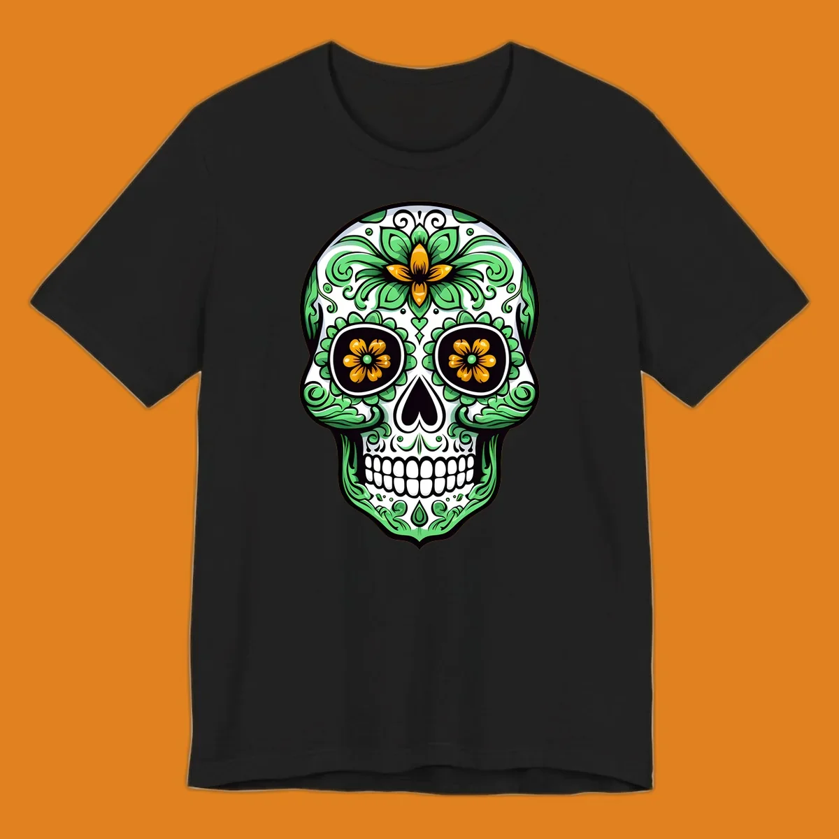 An ornate floral calavera skull illustration with green leaves and yellow flowers against a white background.