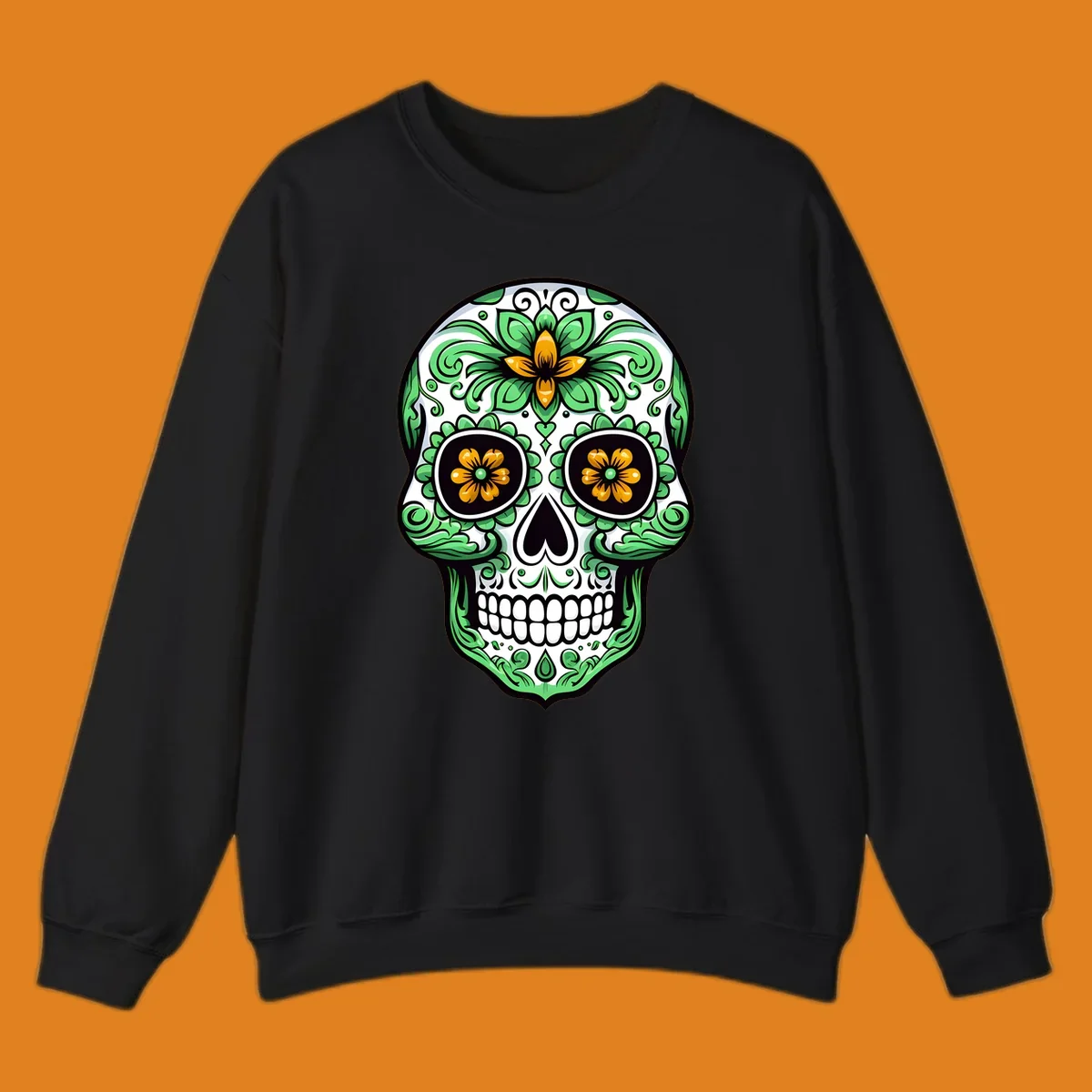 An ornate floral calavera skull illustration with green leaves and yellow flowers against a white background.