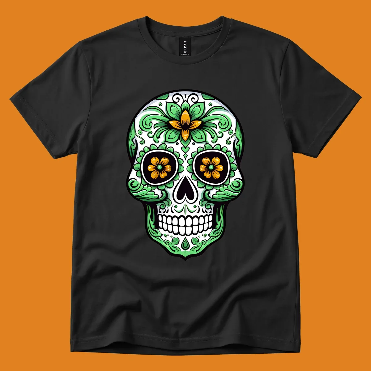 An ornate floral calavera skull illustration with green leaves and yellow flowers against a white background.