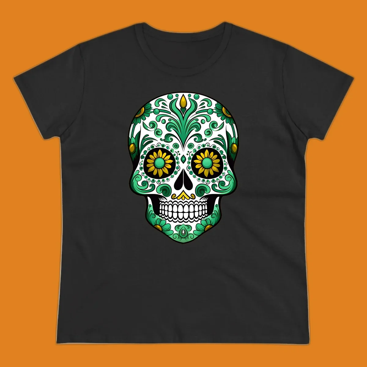 A vibrant green-gold-floral-calavera sugar skull with intricate scrollwork, yellow flowers for eyes, and gold accents.